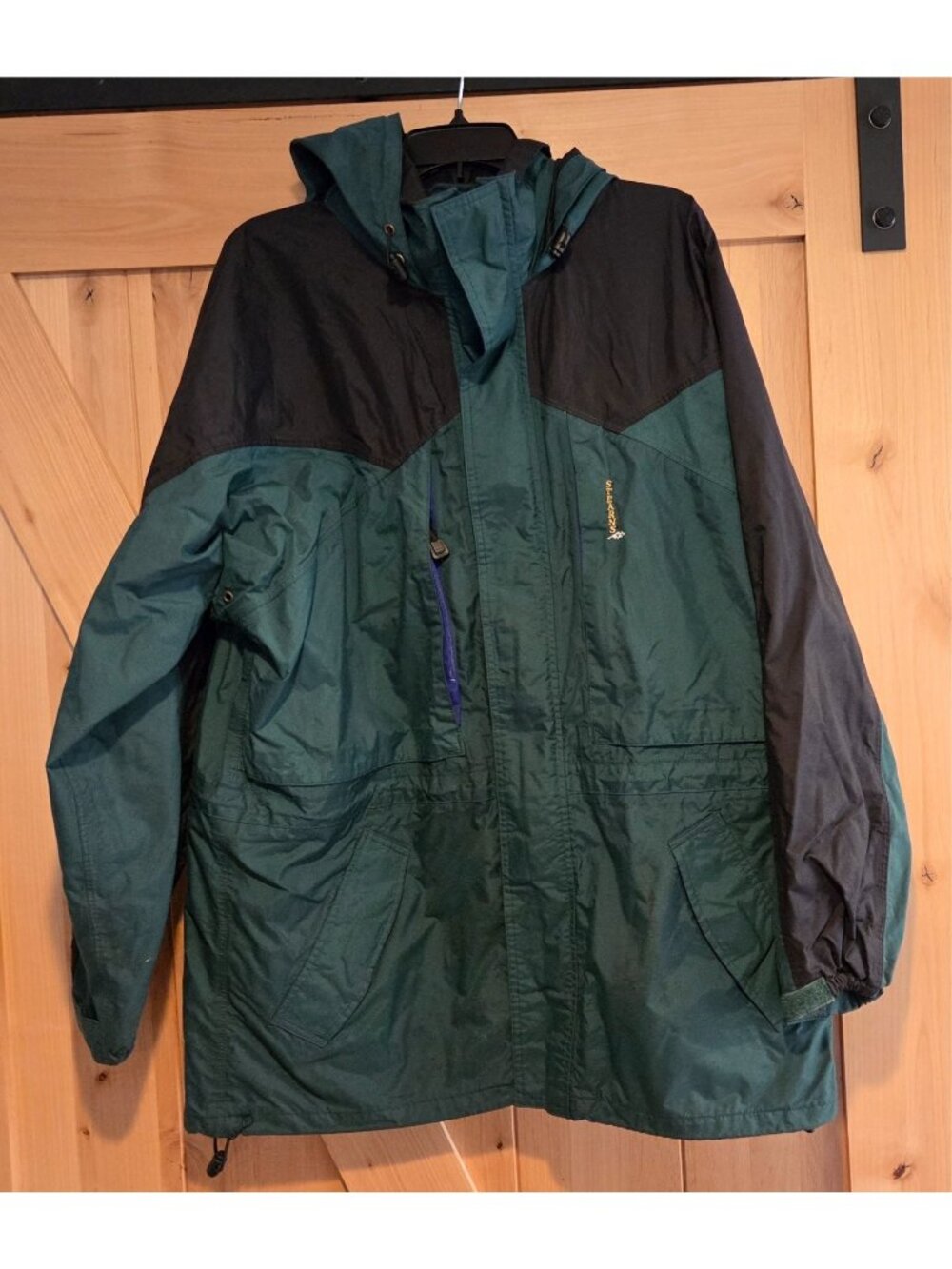 Mens Stearns Dry Wear Rain Jacket Green Black Packable Hood Full Zip Size L
